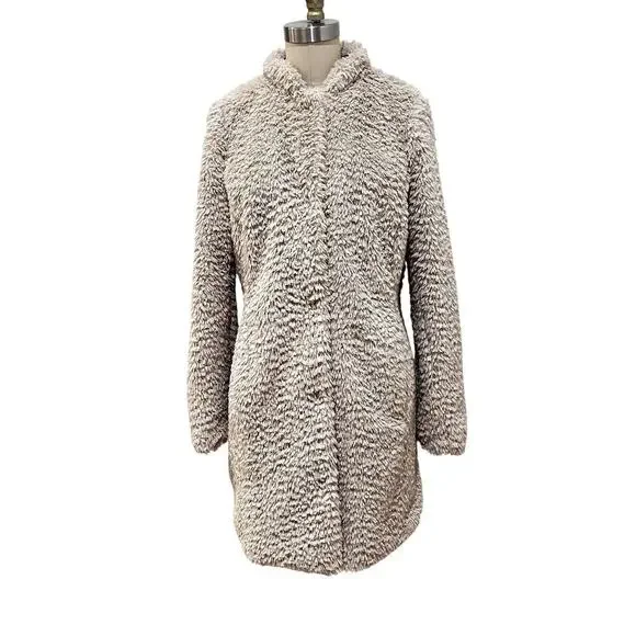 Kenneth Cole New York Coat Womens Medium Beige Faux Fur Leopard Lined Snap Front - Picture 2 of 11